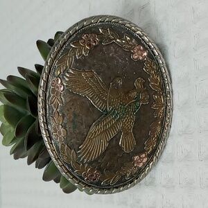 Vintage Copper Belt Buckle Flying Eagle Surrounded By Floral Wreath Made In USA